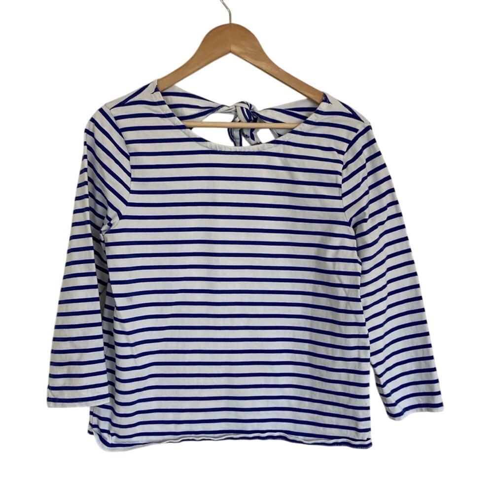 J. Crew Blue and White Striped Tie-Back Boatneck Top
